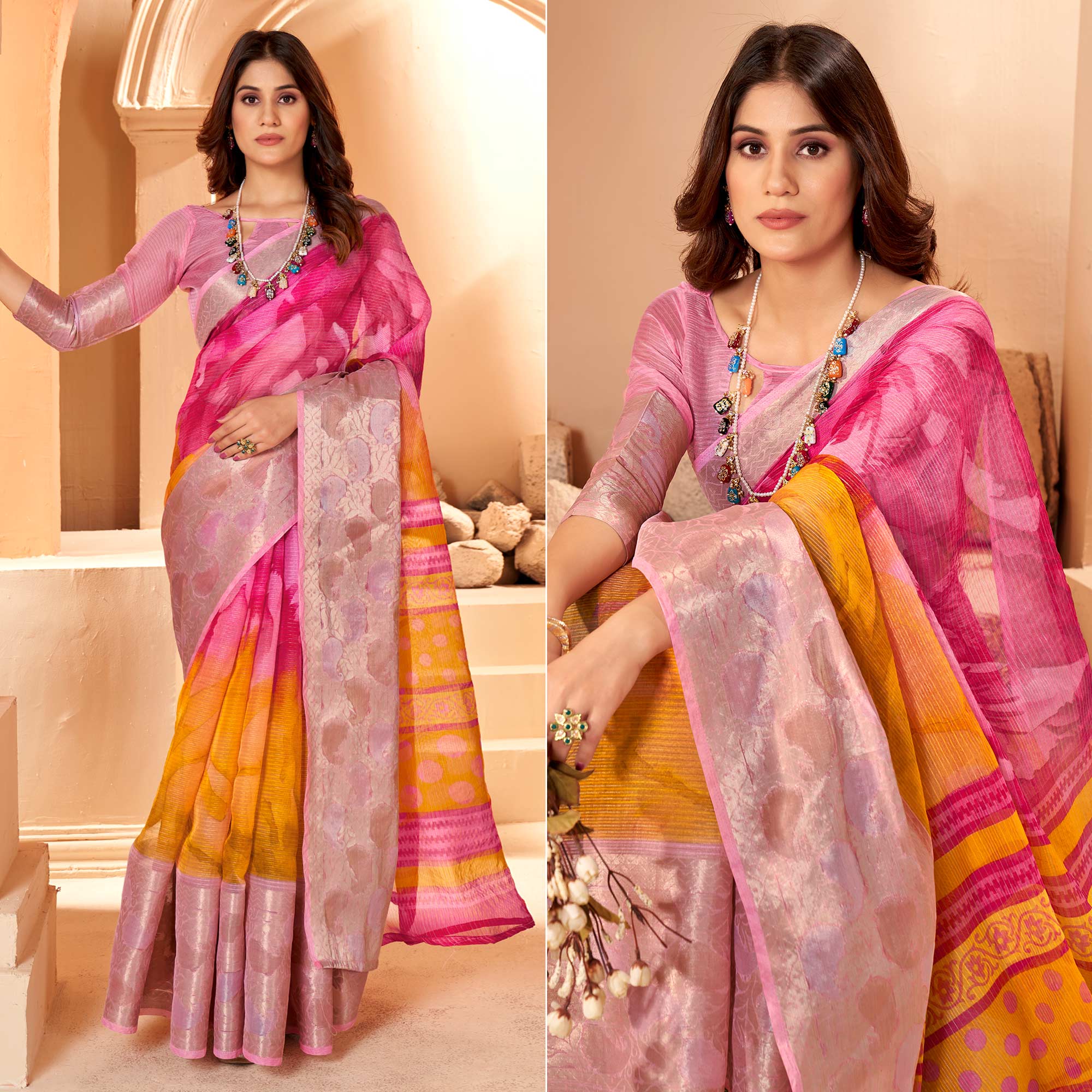 Pink & Mustard Printed Organza Saree With Woven Border