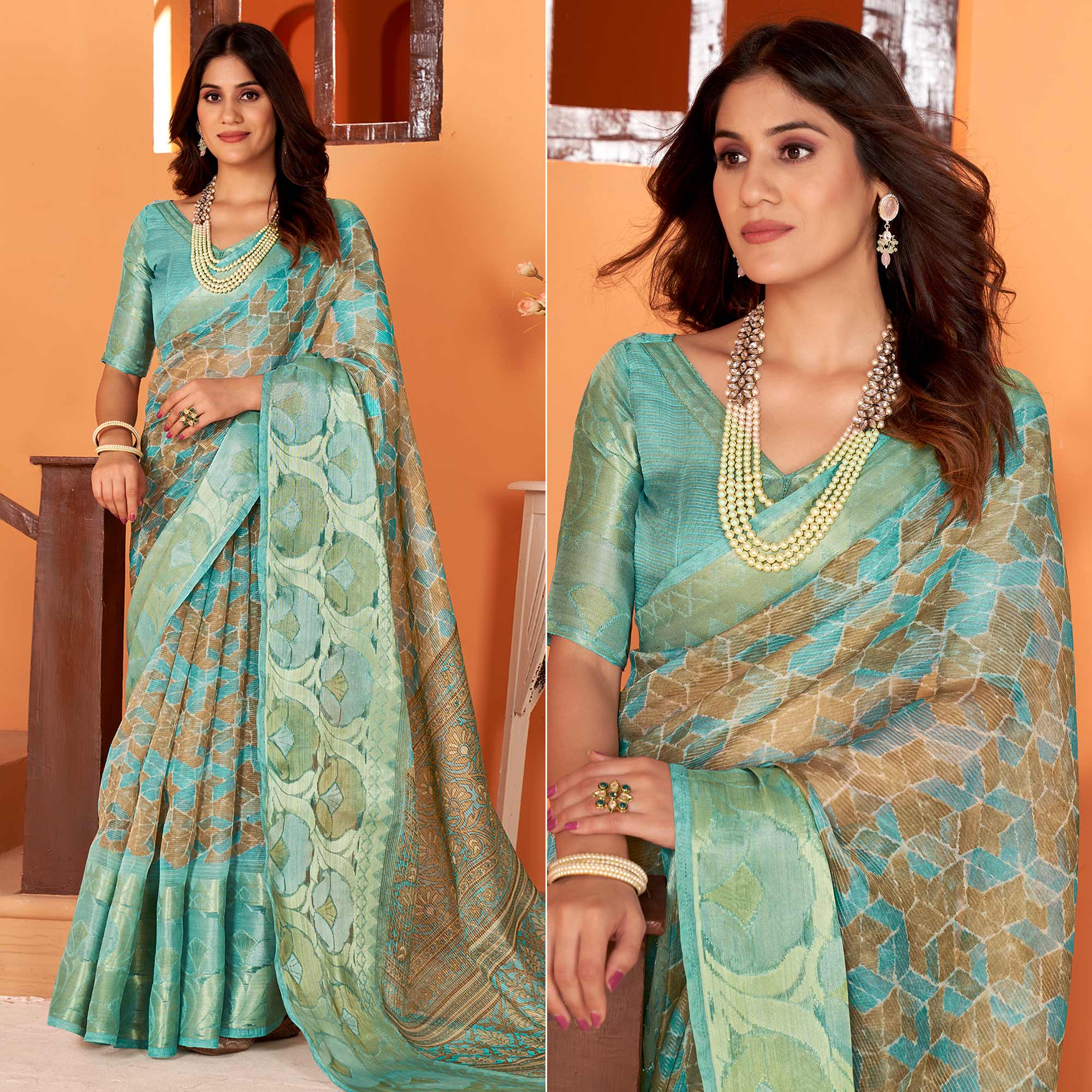 Sea Green Printed Organza Saree With Woven Border