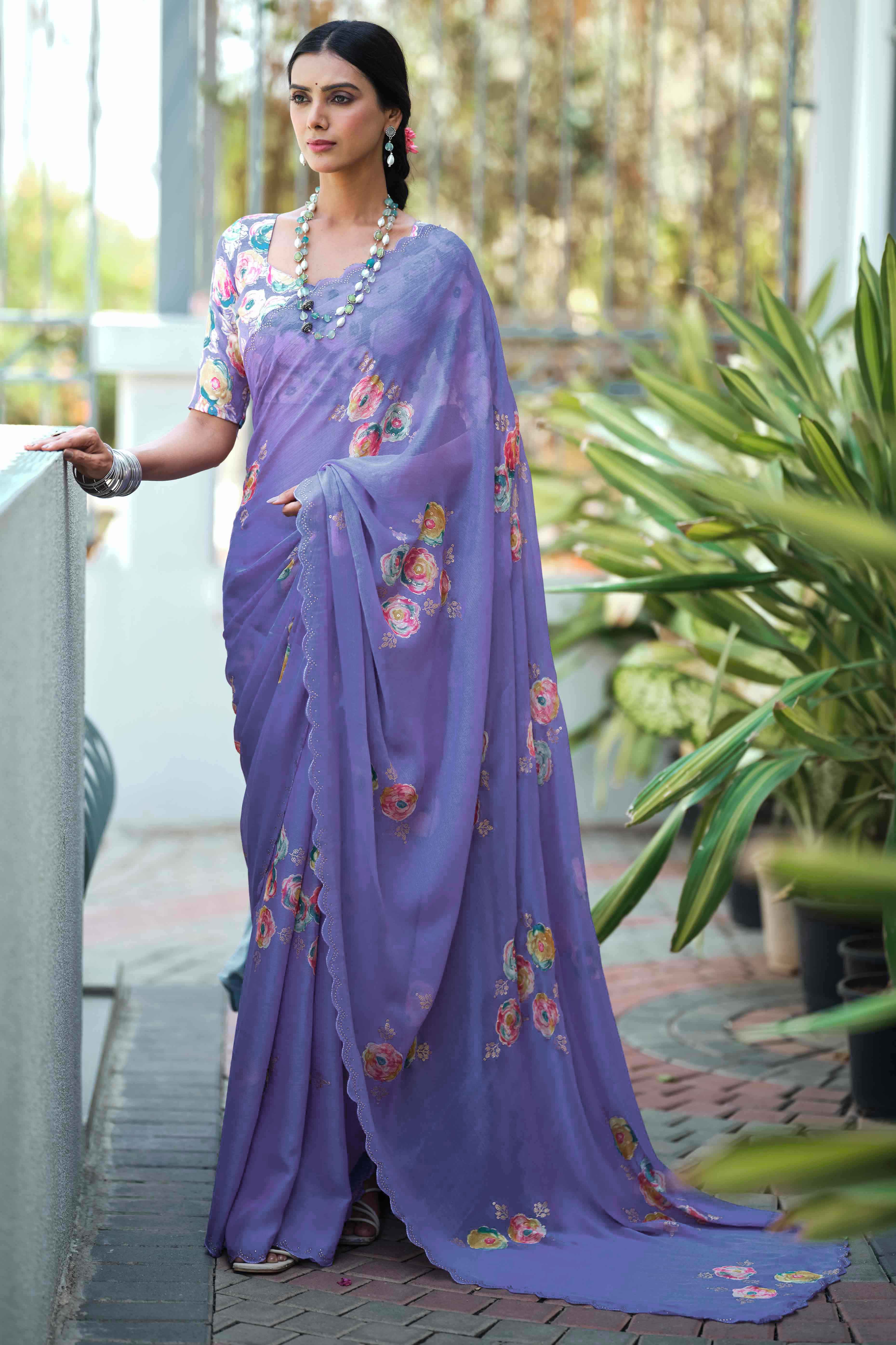 Elegant Violet Chiffon Saree with Floral and Foil Print Detailing