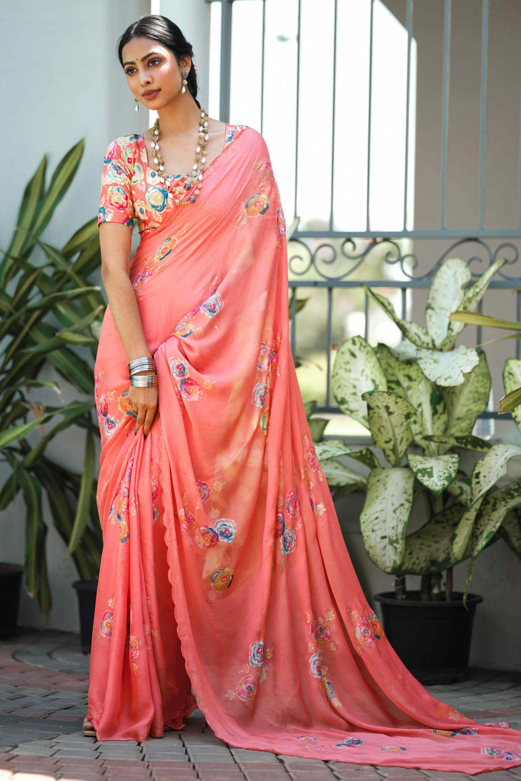 Pastel Peach Summer Chiffon Saree with Contemporary Floral Prints and Gold Zari Border main image 1