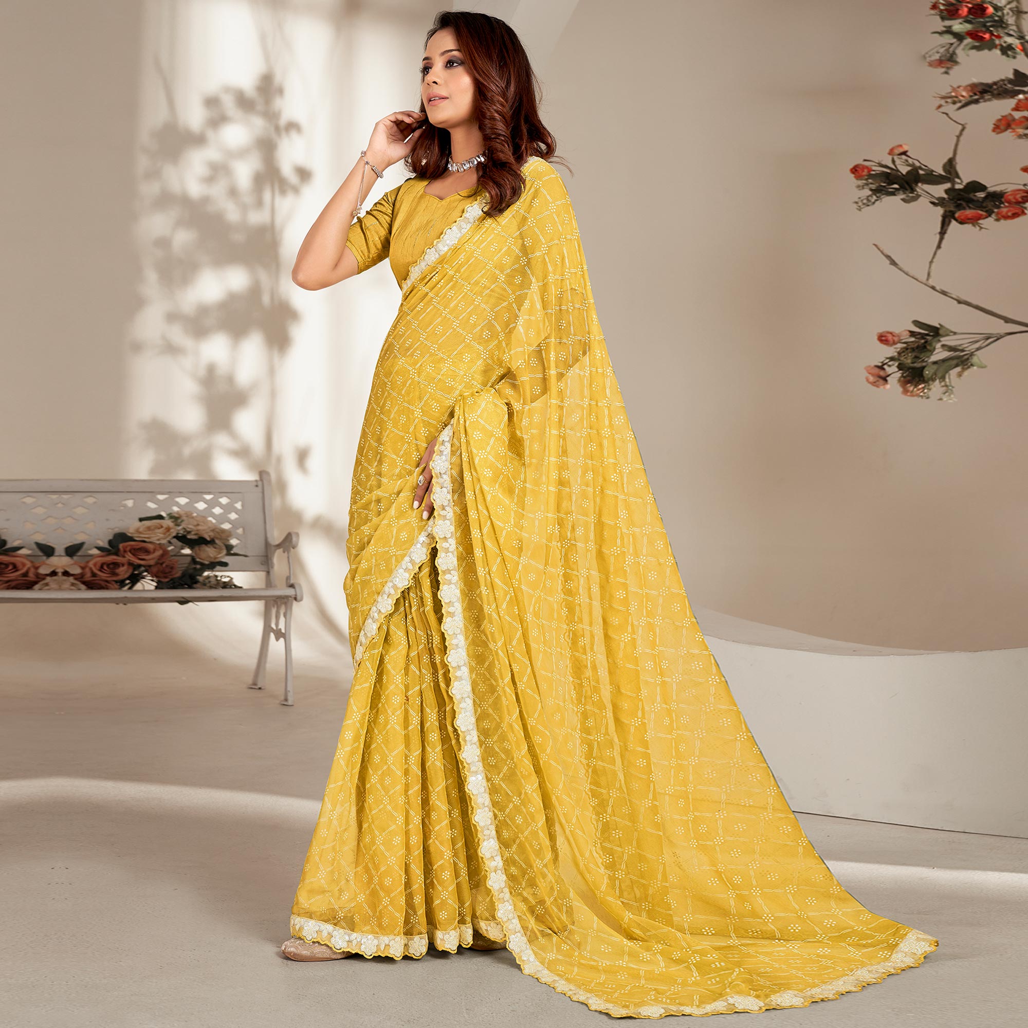 Yellow Floral Printed Chiffon Saree With Embroidered Border