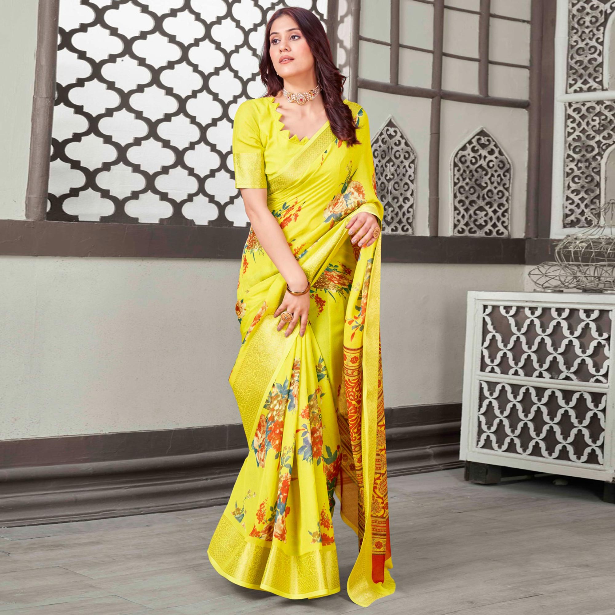Yellow Floral Printed Cotton Blend Saree With Jacquard Border
