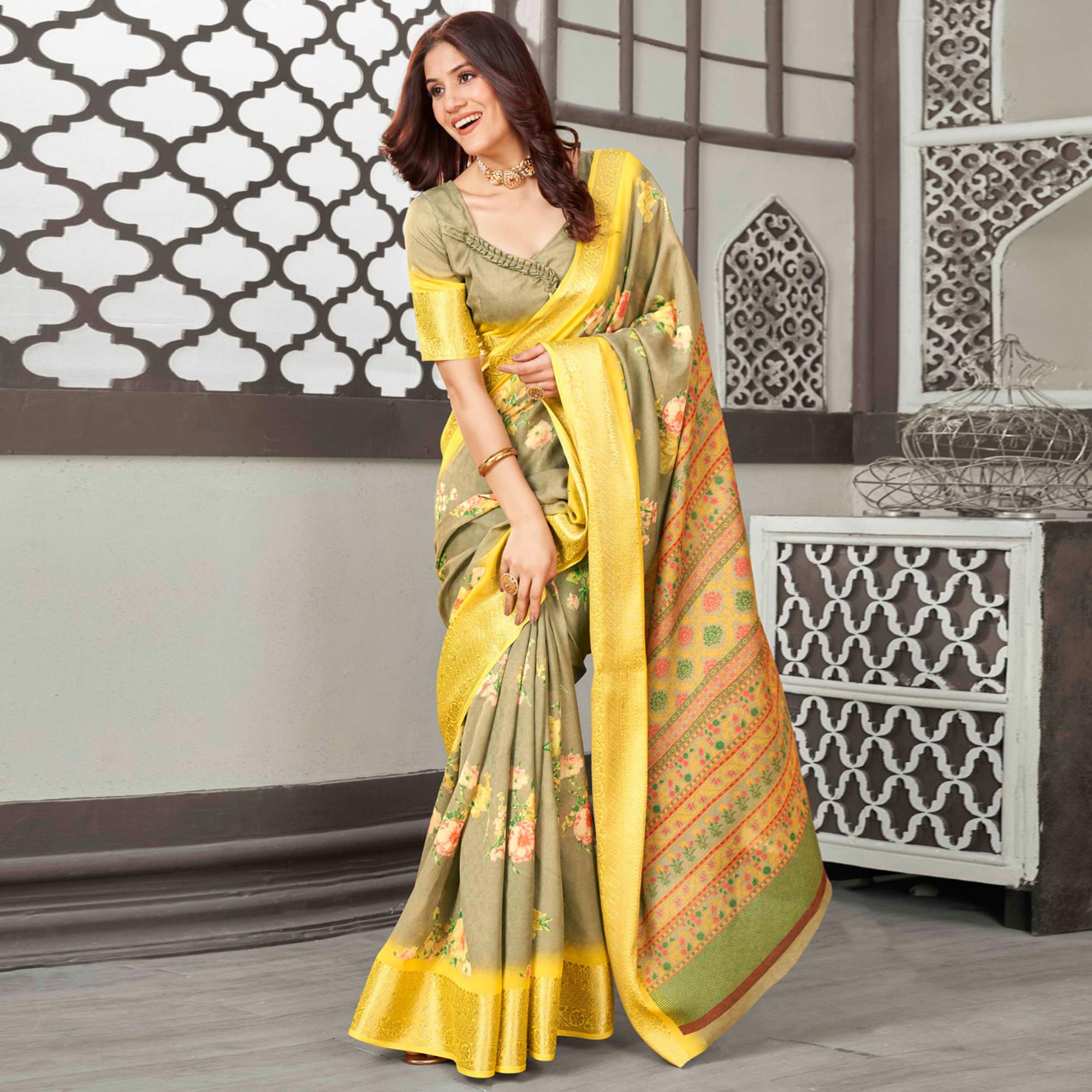 Olive Green Floral Printed Cotton Blend Saree With Jacquard Border