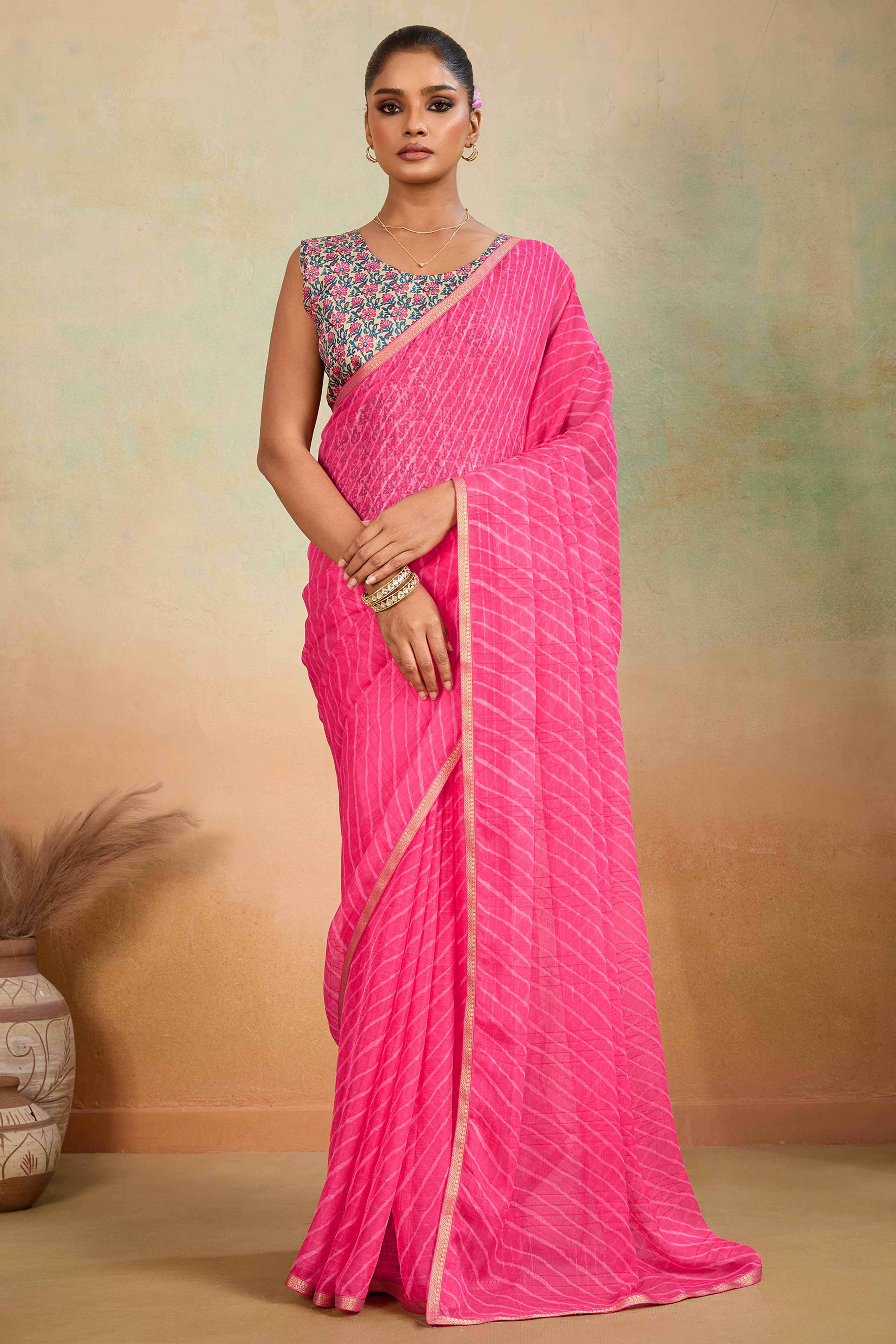 Pink Leheriya Chiffon Saree Accented With Elegant Zari Lace Border Work