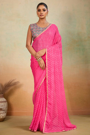 Pink Leheriya Chiffon Saree Accented With Elegant Zari Lace Border Work