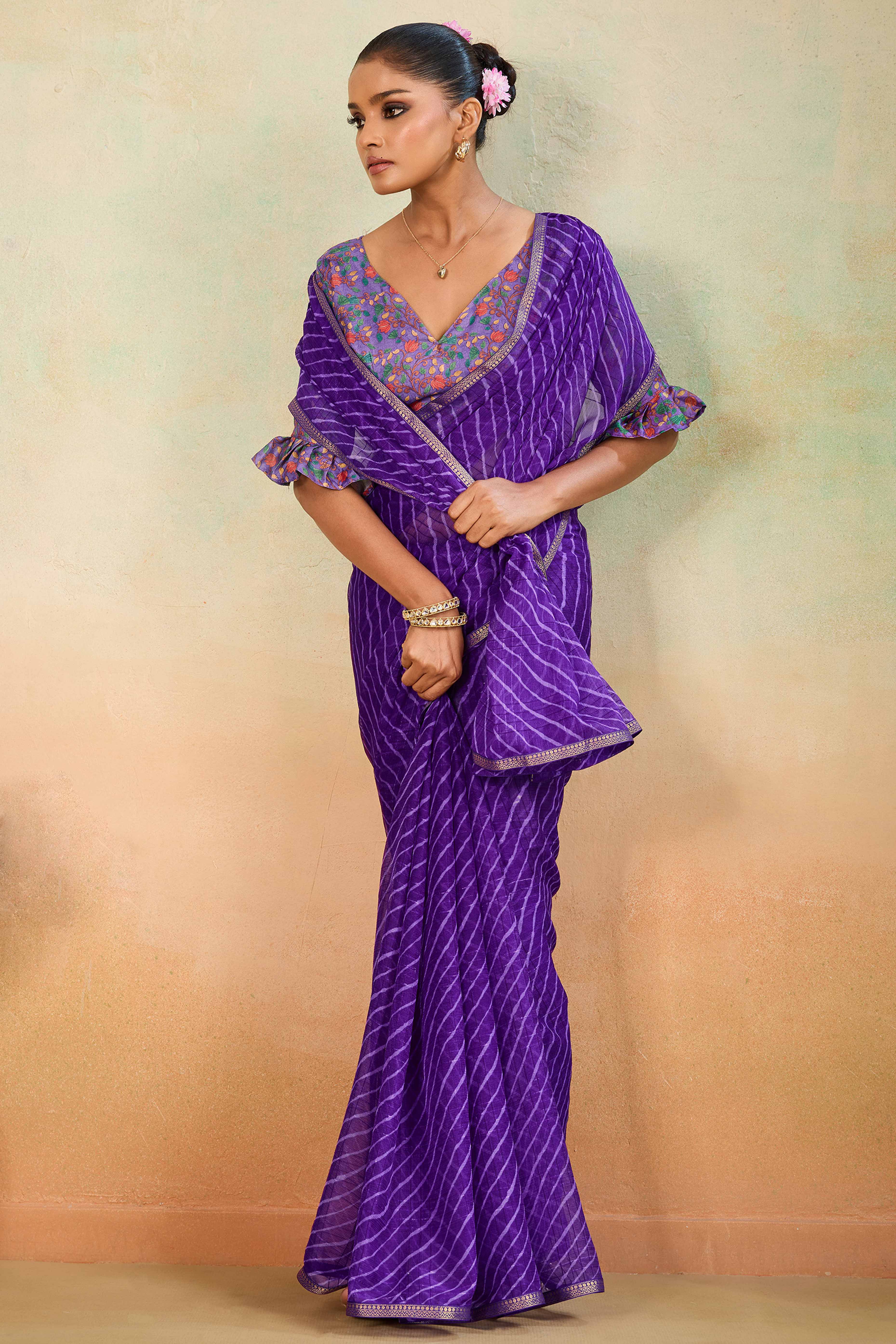 Royal Purple Leheriya Chiffon Saree Accented With Elegant Zari Lace Border Work