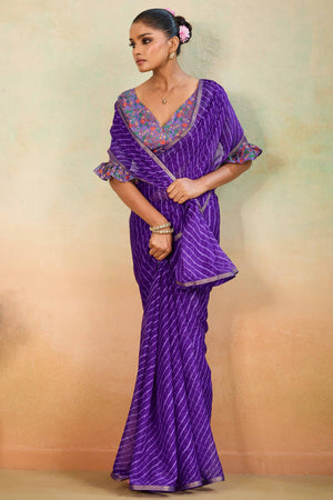 Royal Purple Leheriya Chiffon Saree Accented With Elegant Zari Lace Border Work