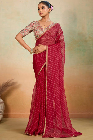 Maroon Leheriya Chiffon Saree Accented With Elegant Zari Lace Border Work