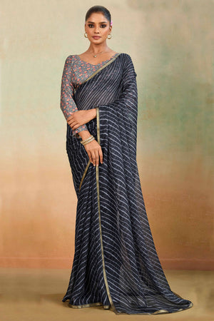 Black Leheriya Chiffon Saree Accented With Elegant Zari Lace Border Work