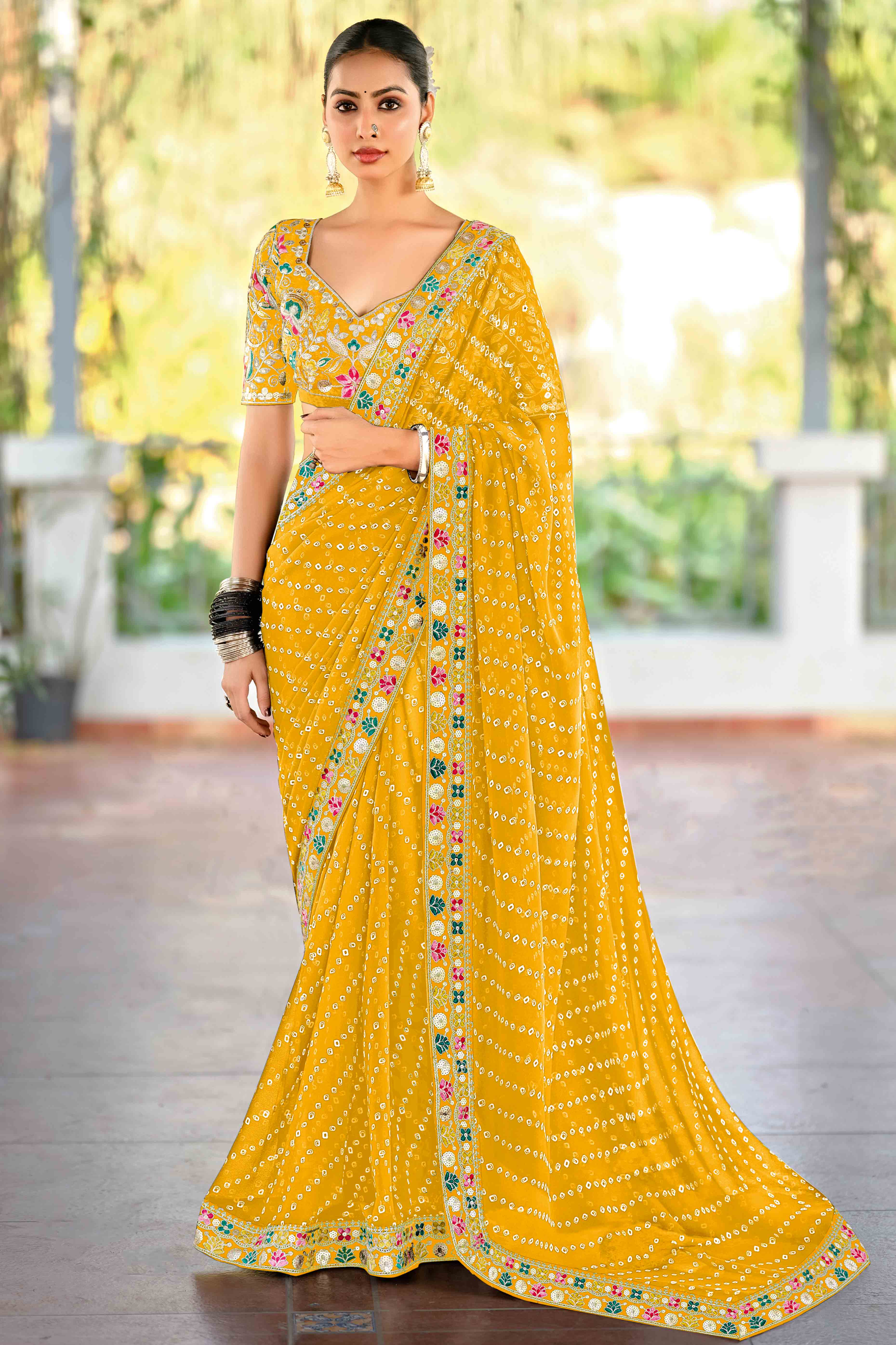 Yellow Bandhani Printed Georgette Saree With Sparkling Sequin Embroidered Border