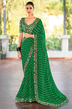 Green Bandhani Printed Georgette Saree With Sparkling Sequin Embroidered Border