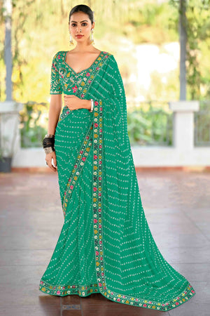 Rama Green Bandhani Printed Georgette Saree With Sparkling Sequin Embroidered Border