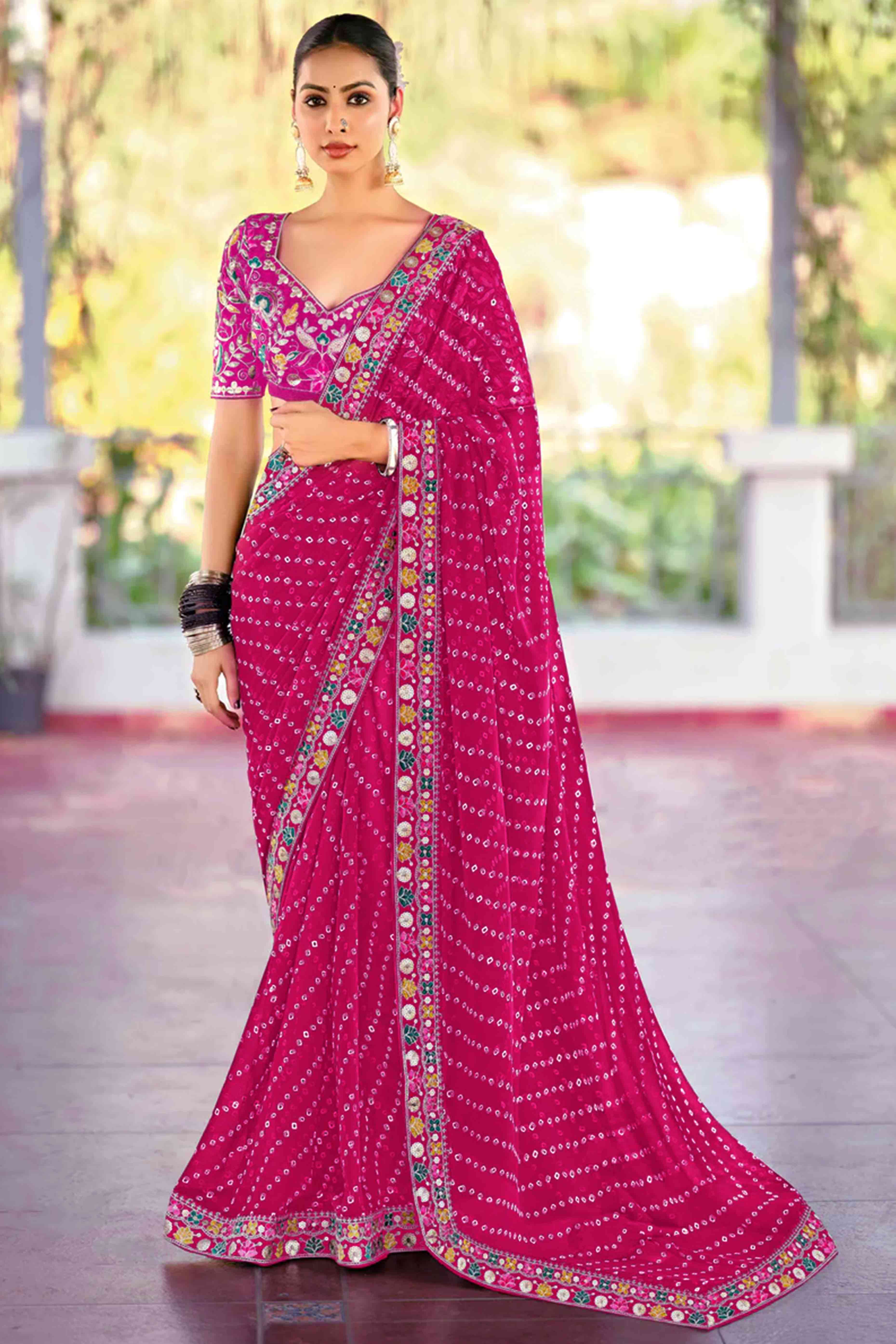 Pink Bandhani Printed Georgette Saree With Sparkling Sequin Embroidered Border