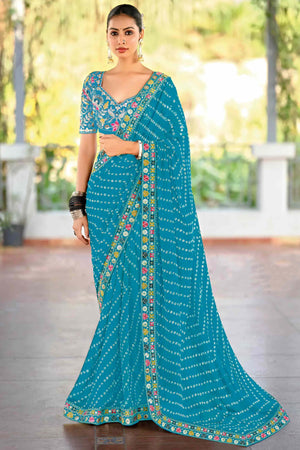 Blue Bandhani Printed Georgette Saree With Sparkling Sequin Embroidered Border
