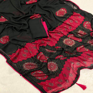 Black & Red Patola With Bandhani Printed Moss Chiffon Saree