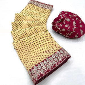 Cream Lightweight Georgette Saree Adorned with Classic Bandhani Prints and Lace Work