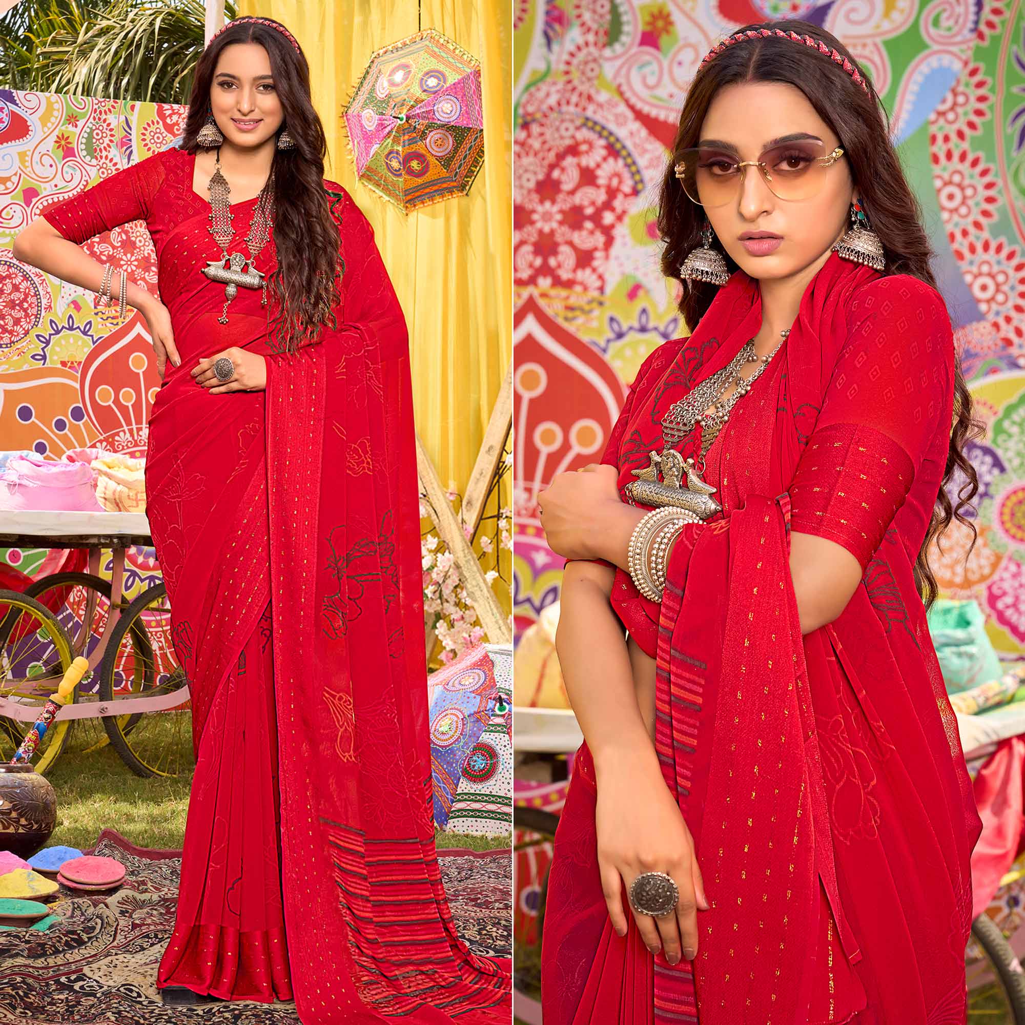 Red Floral Printed Georgette Saree With Woven Border