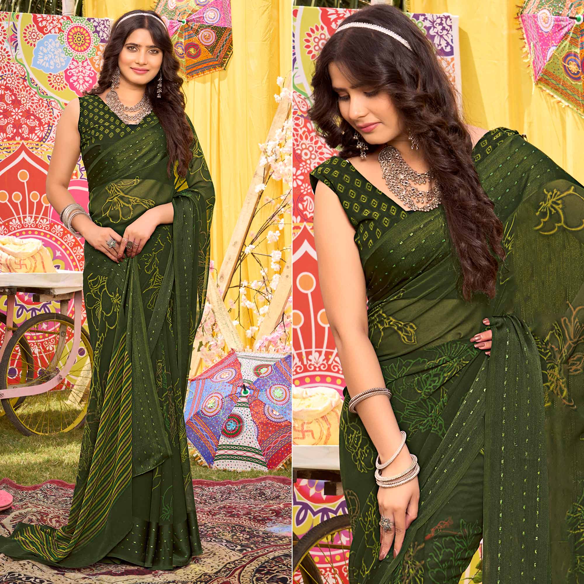 Green Floral Printed Georgette Saree With Woven Border