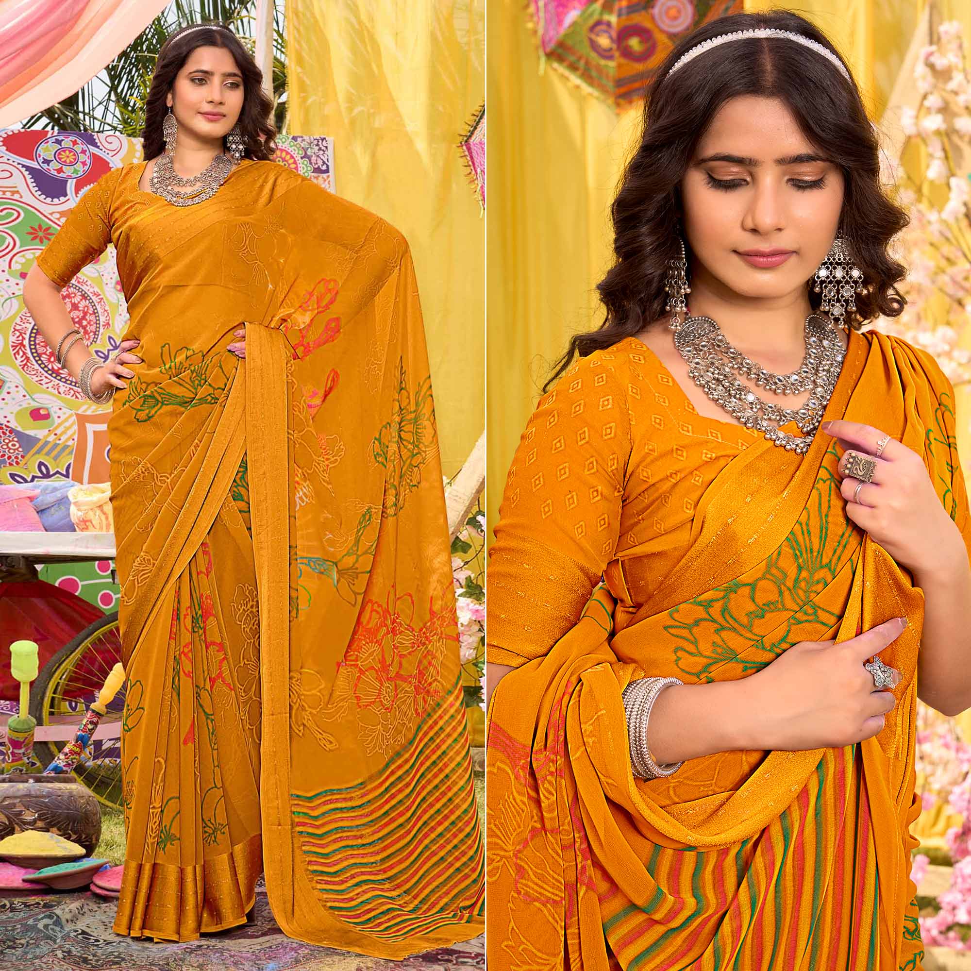 Mustard Floral Printed Georgette Saree With Woven Border