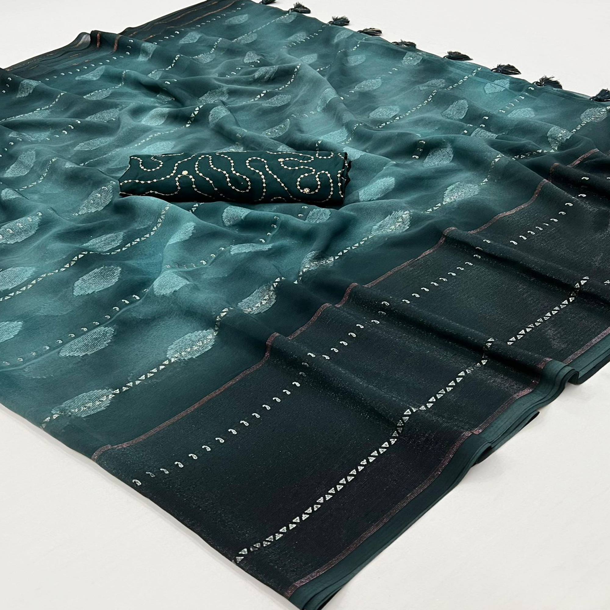 Teal Green Woven Georgette Saree