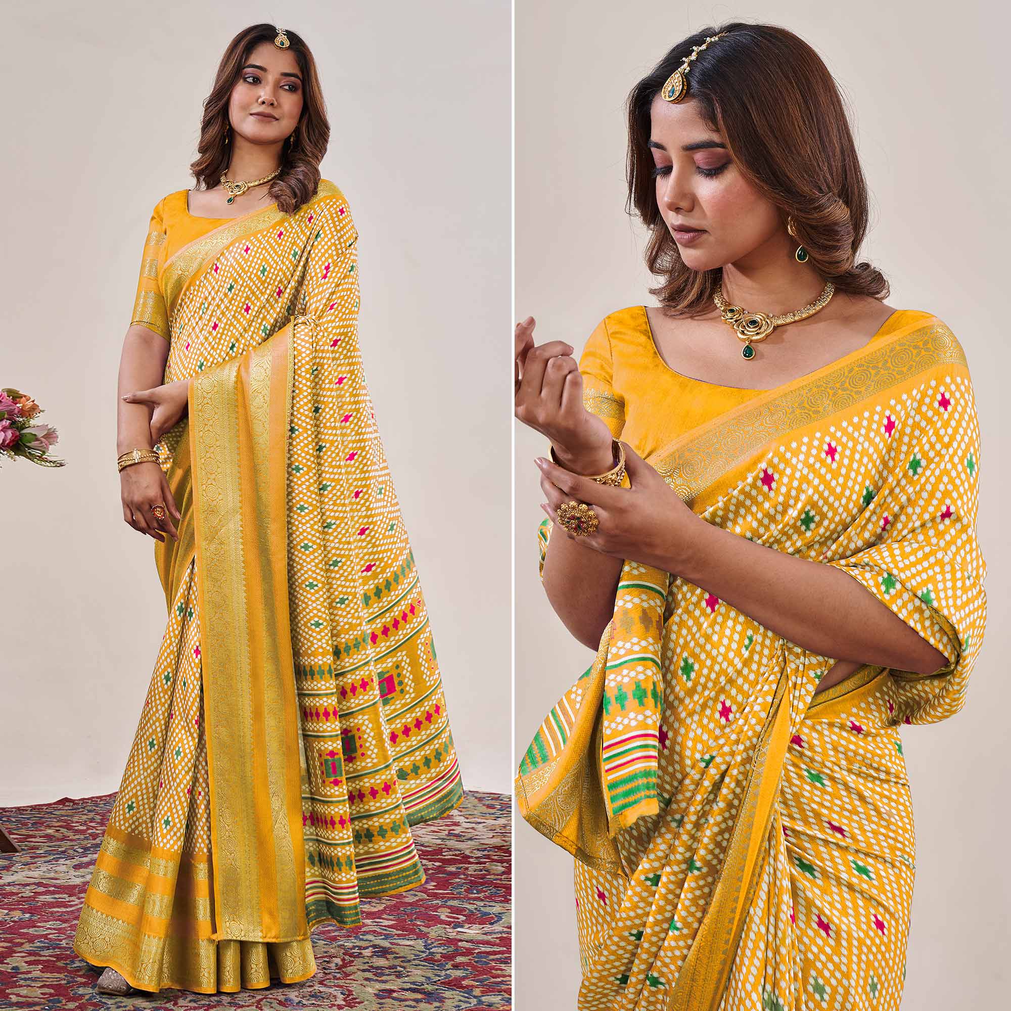 Yellow Ikkat Printed With Jacquard Border Cotton Silk Saree