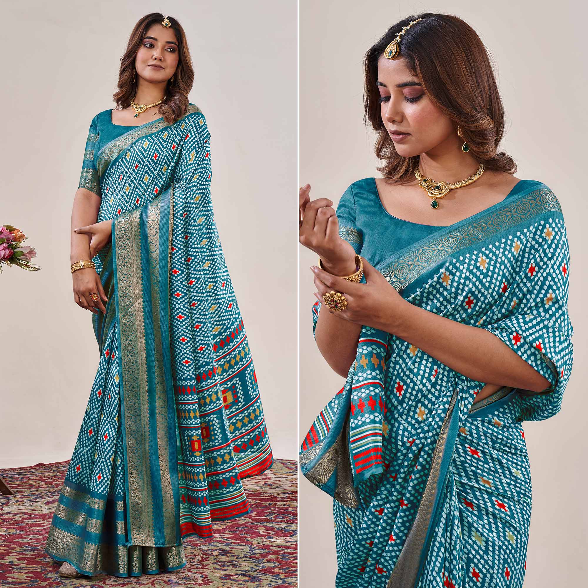 Rama Blue Ikkat Printed With Jacquard Border Cotton Silk Saree