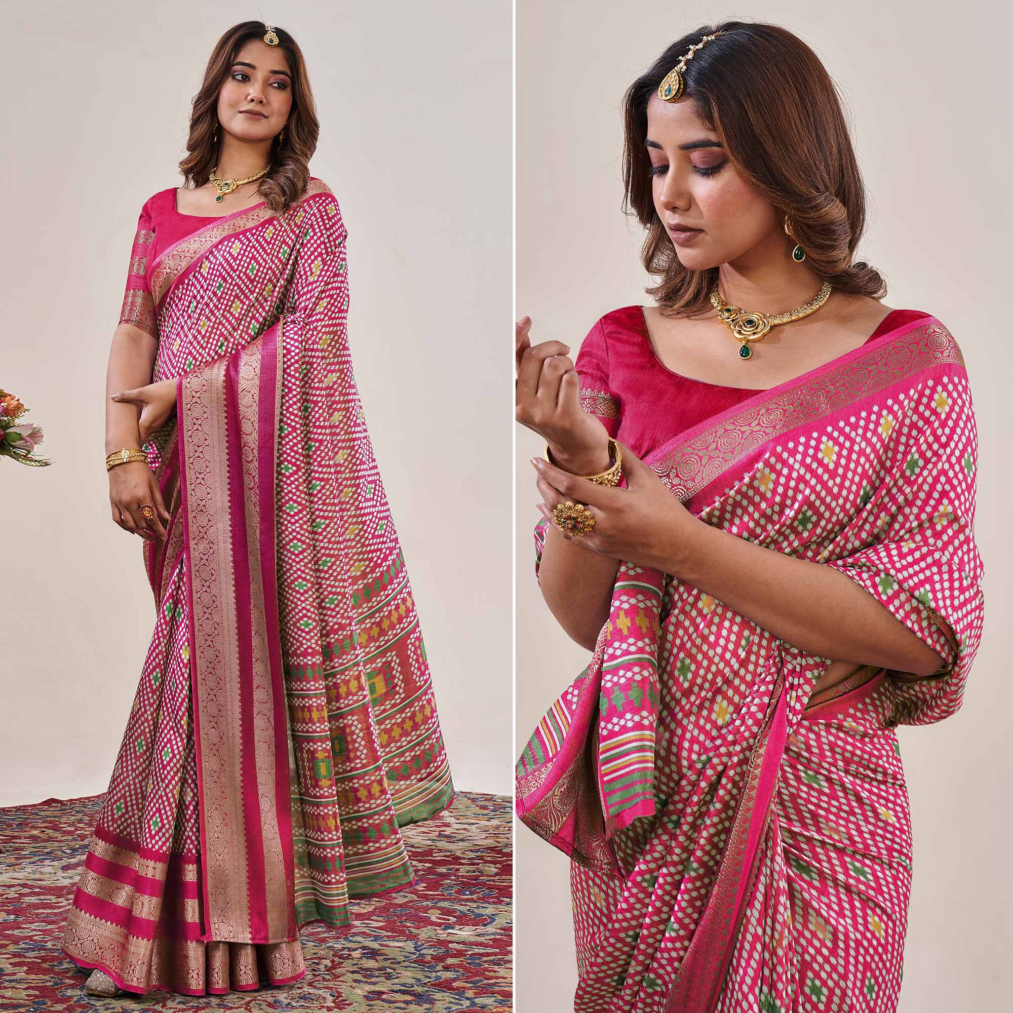 Pink Ikkat Printed With Jacquard Border Cotton Silk Saree