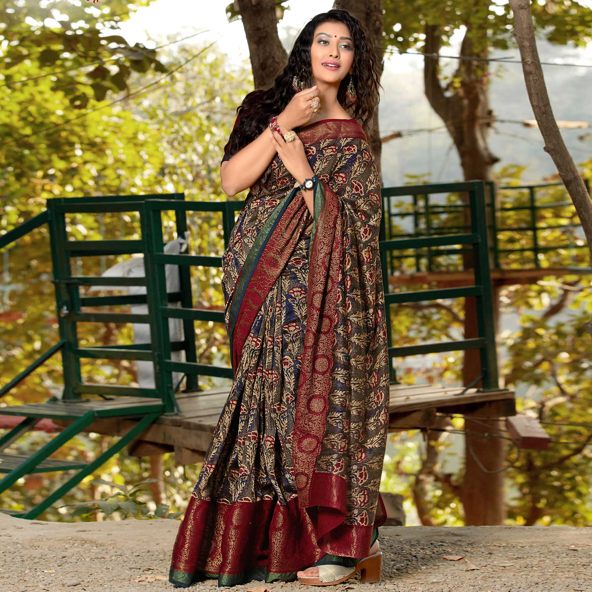 Blue Printed With Woven Border Pure Cotton Saree