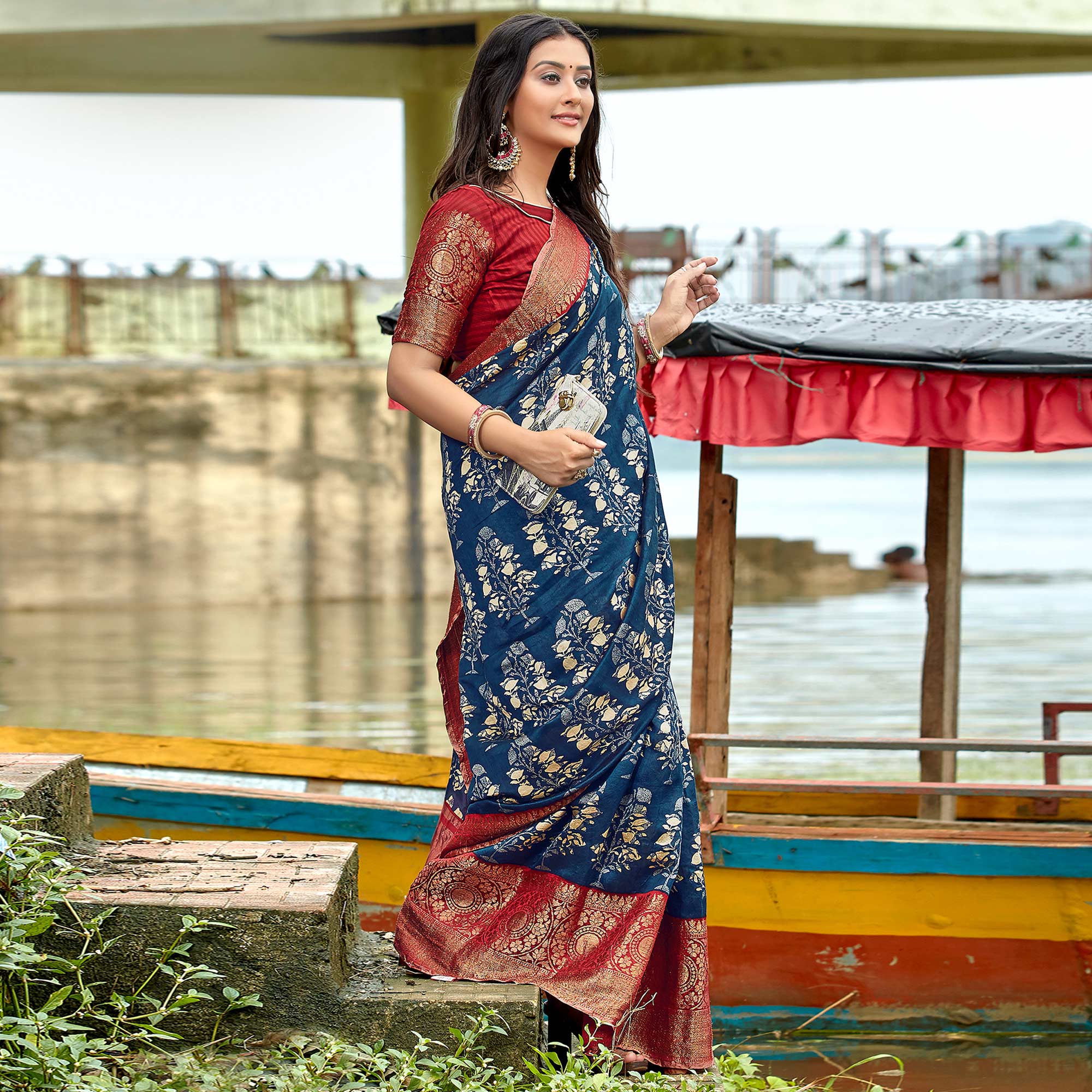 Blue Printed With Woven Border Pure Cotton Saree