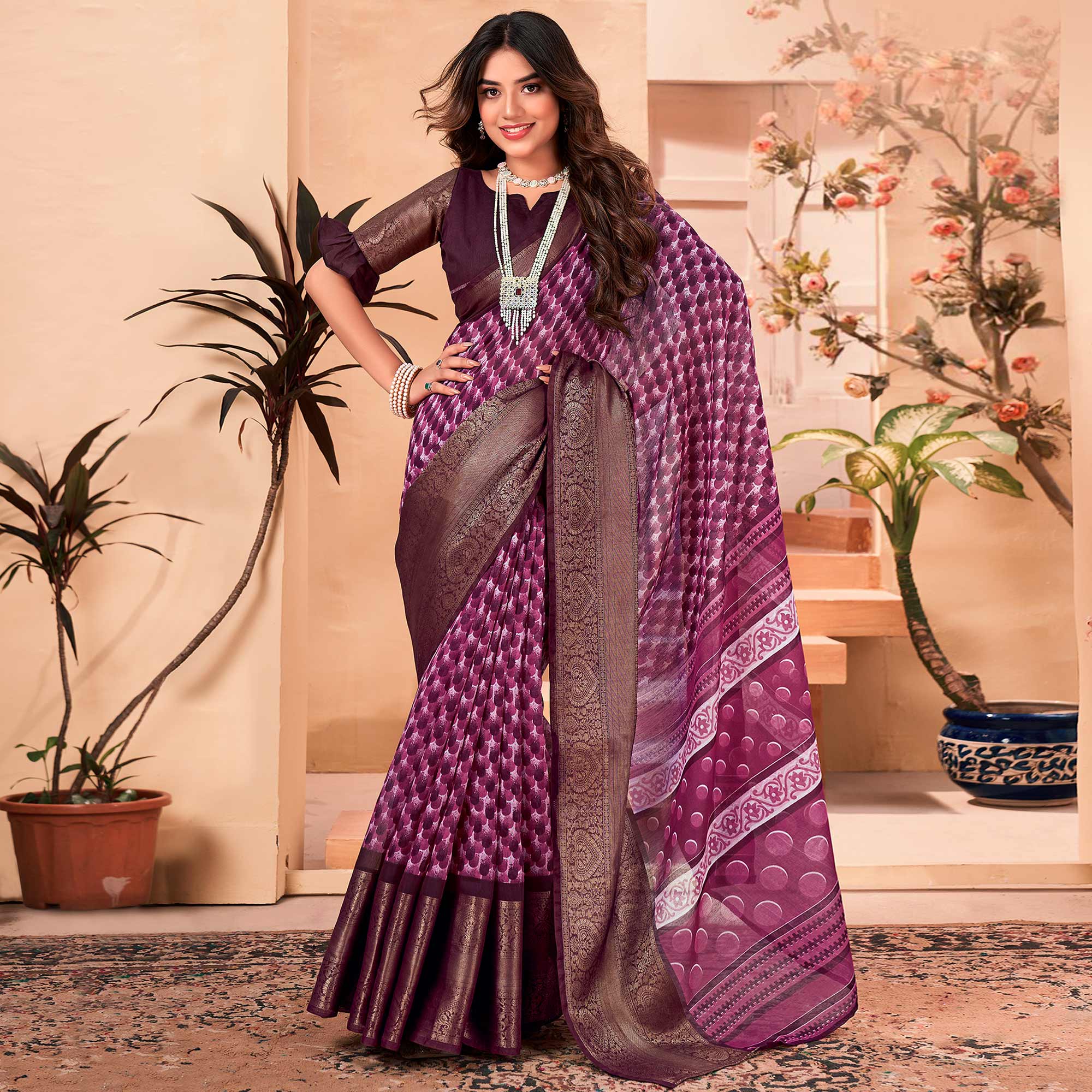 Purple Printed Cotton Blend Saree With Jacquard Border