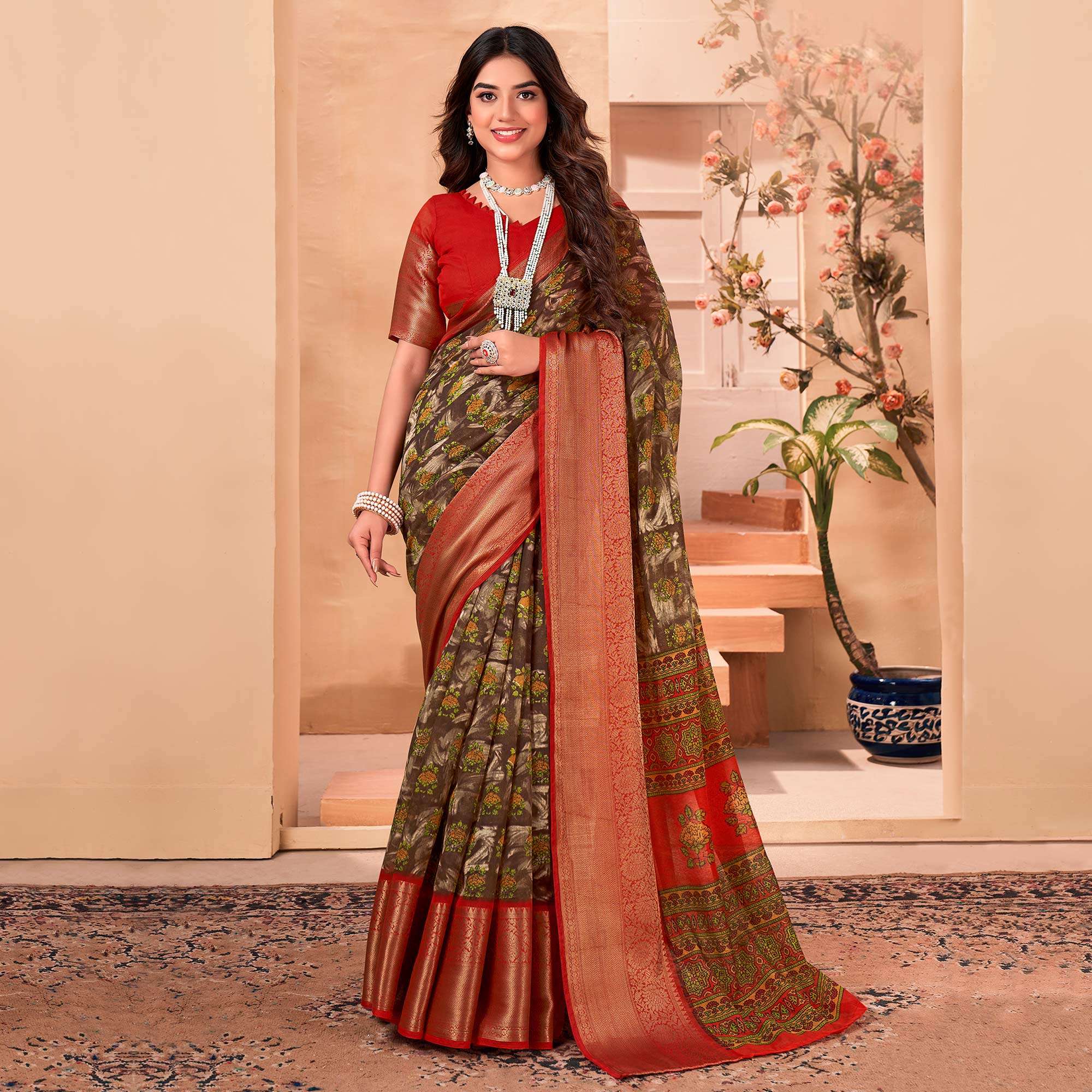 Brown Printed Cotton Blend Saree With Jacquard Border