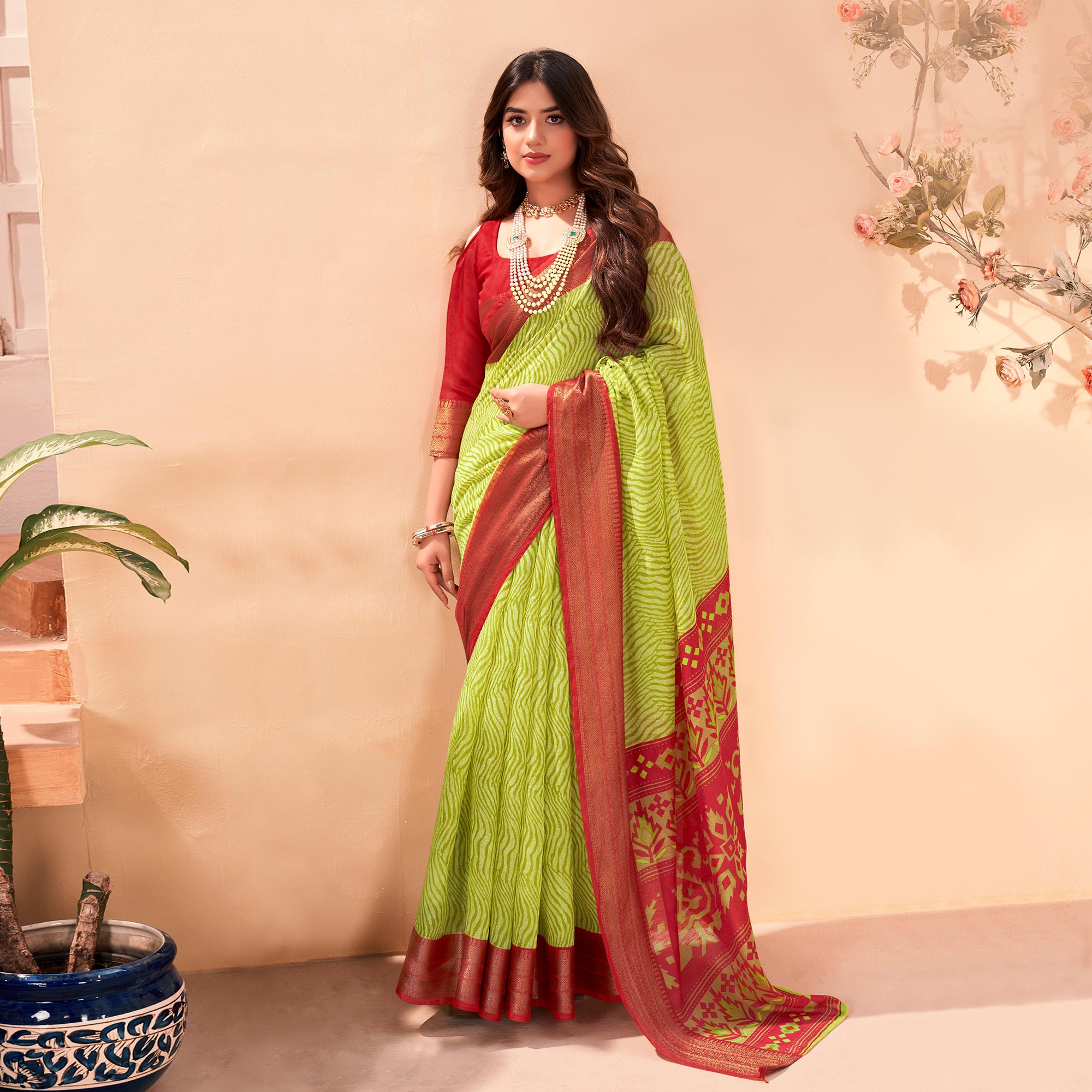 Green Printed Cotton Blend Saree With Jacquard Border