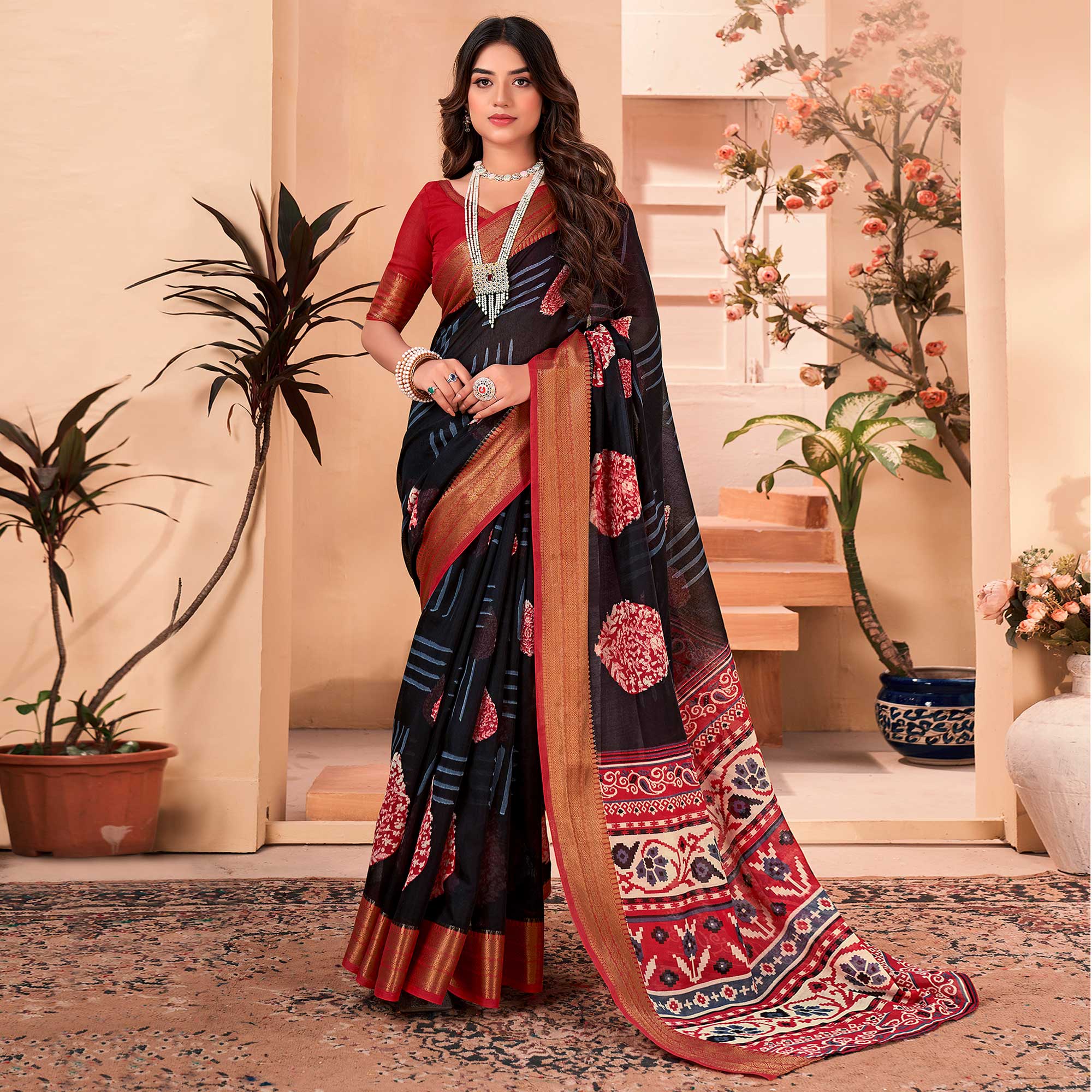 Black Printed Cotton Blend Saree With Jacquard Border