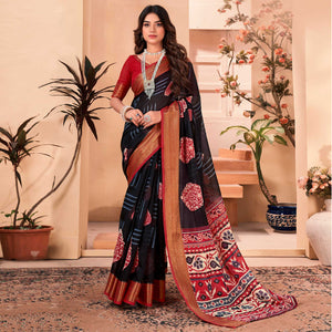 Black Printed Cotton Blend Saree With Jacquard Border