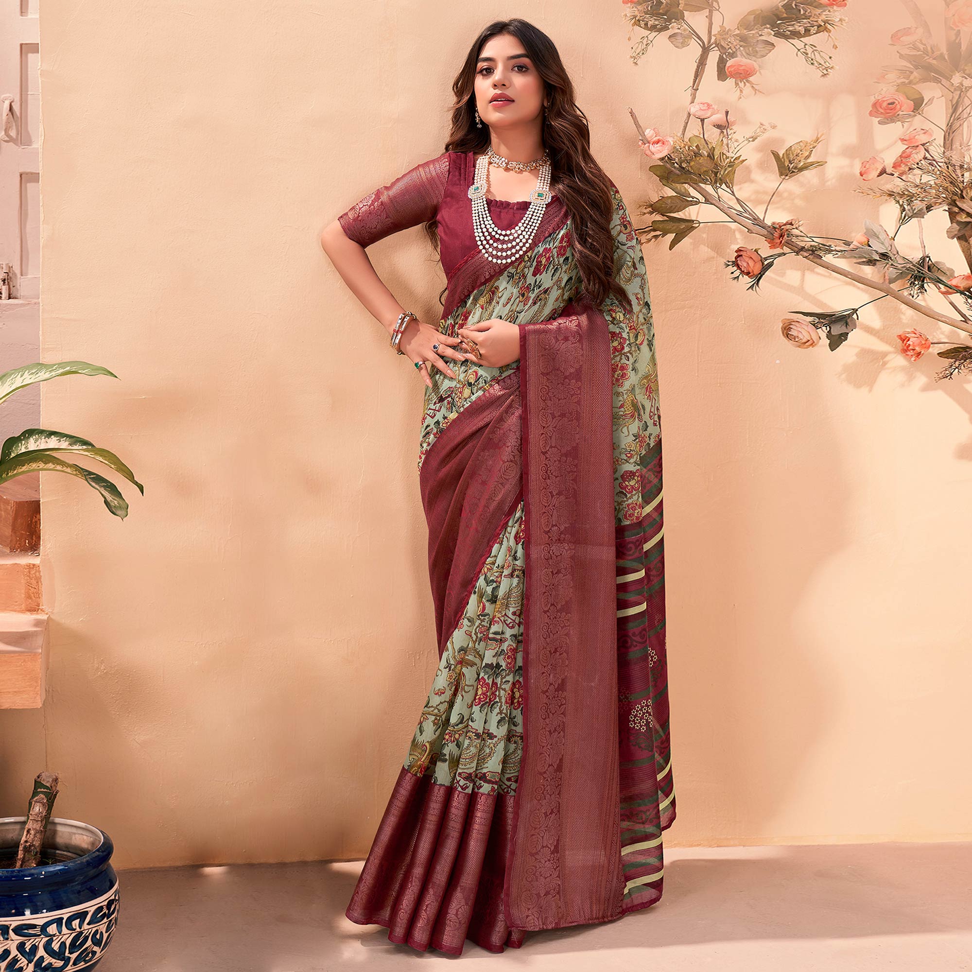 Sea Green Printed Cotton Blend Saree With Jacquard Border