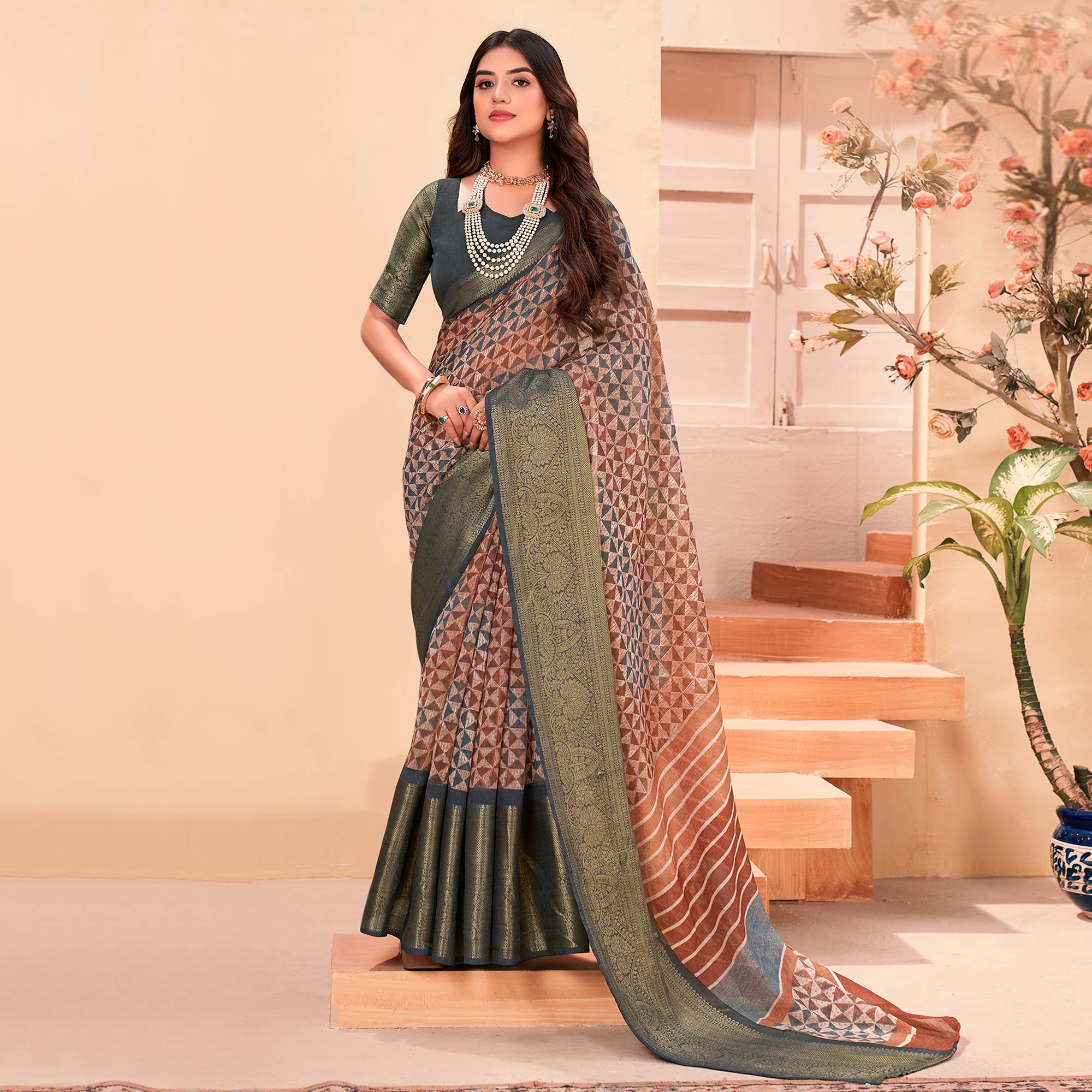 Multicolor Printed Cotton Blend Saree With Jacquard Border