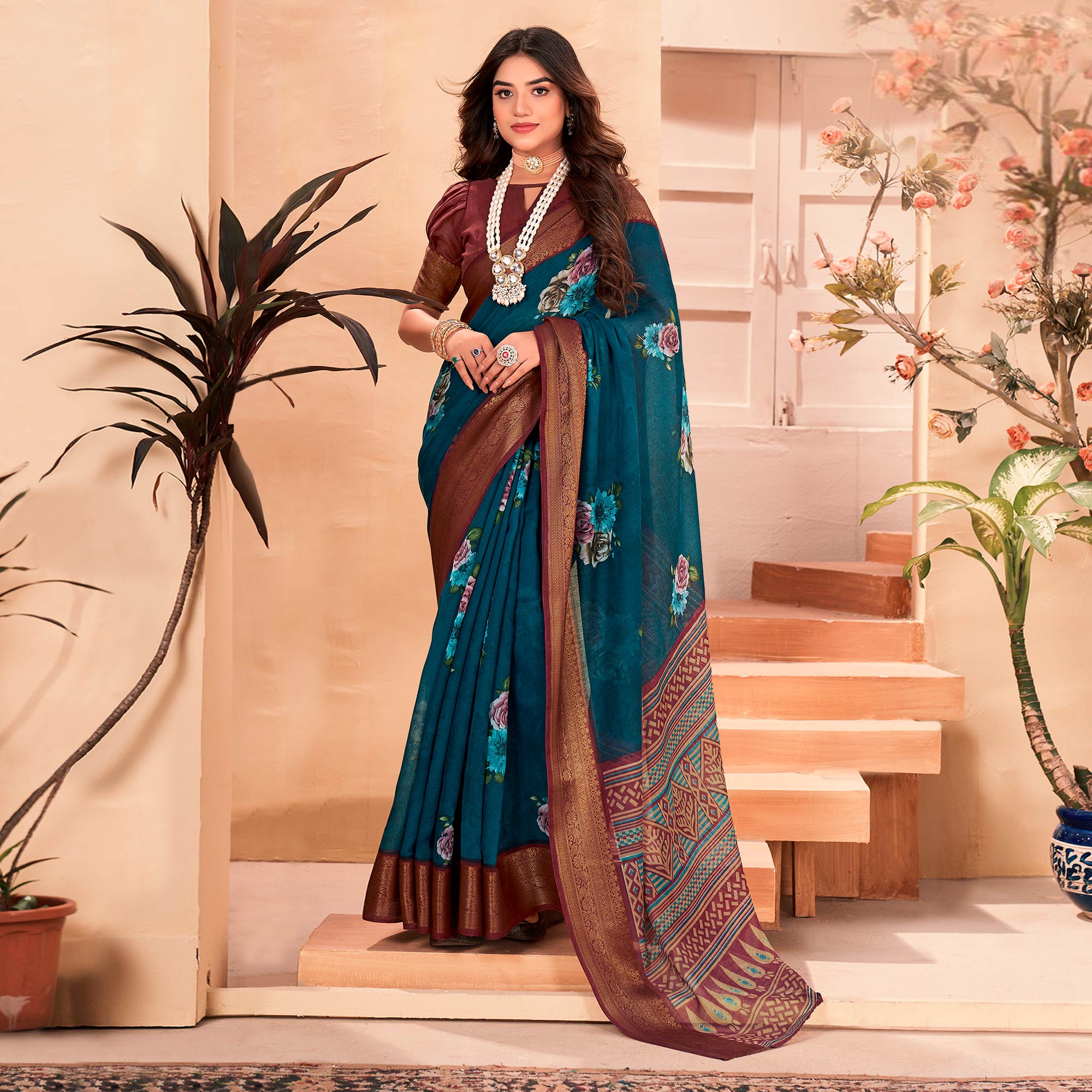 Teal Printed Cotton Blend Saree With Jacquard Border
