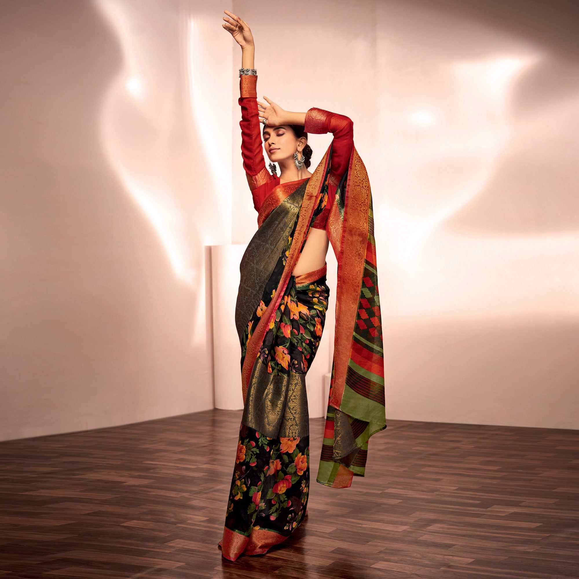 Black Floral Printed With Woven Cotton Silk Saree