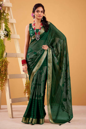 Green Jacquard Saree Featuring Swarovski Embellishments With Rich Paisley & Floral Weave