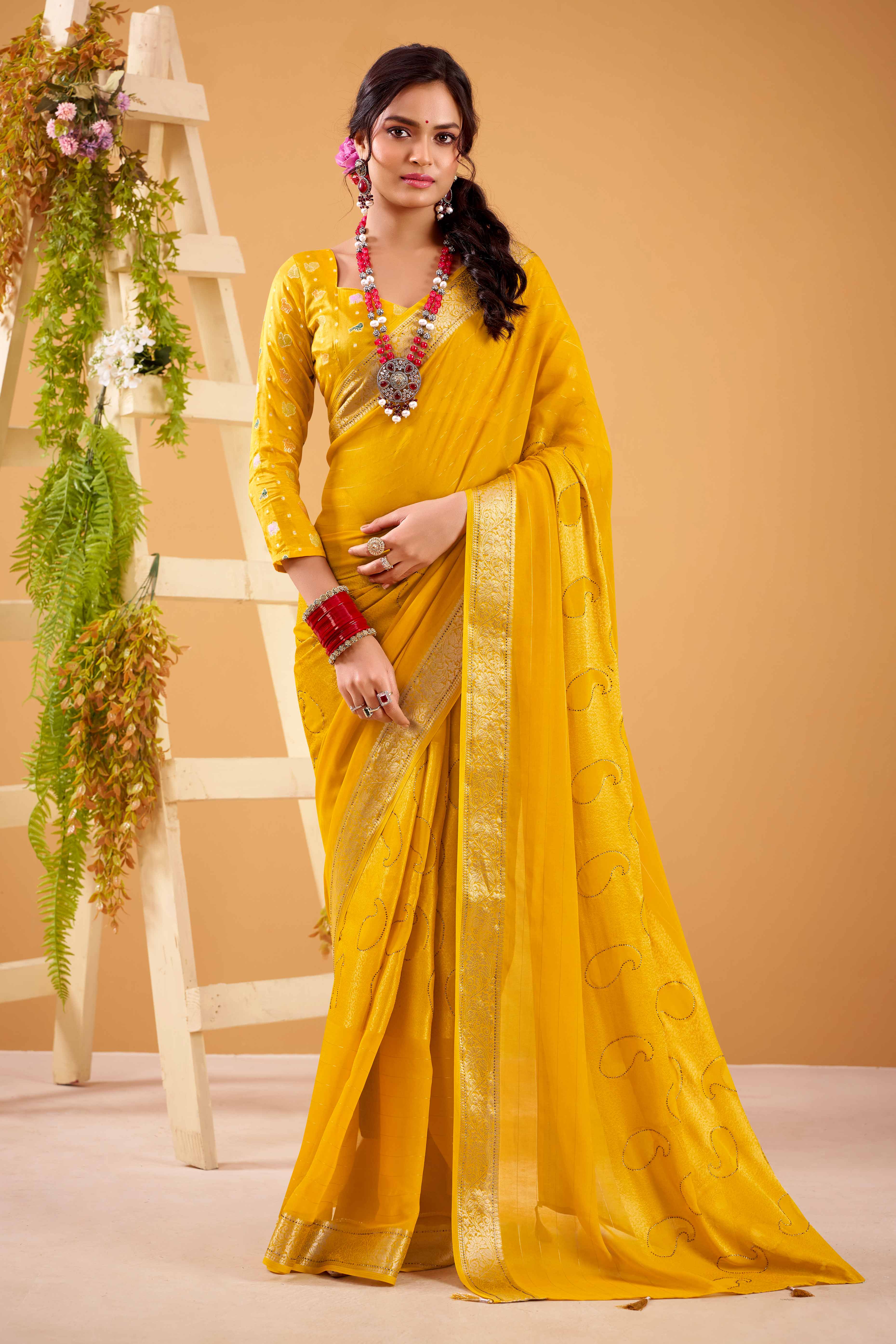 Yellow Jacquard Saree Featuring Swarovski Embellishments With Rich Paisley & Floral Weave