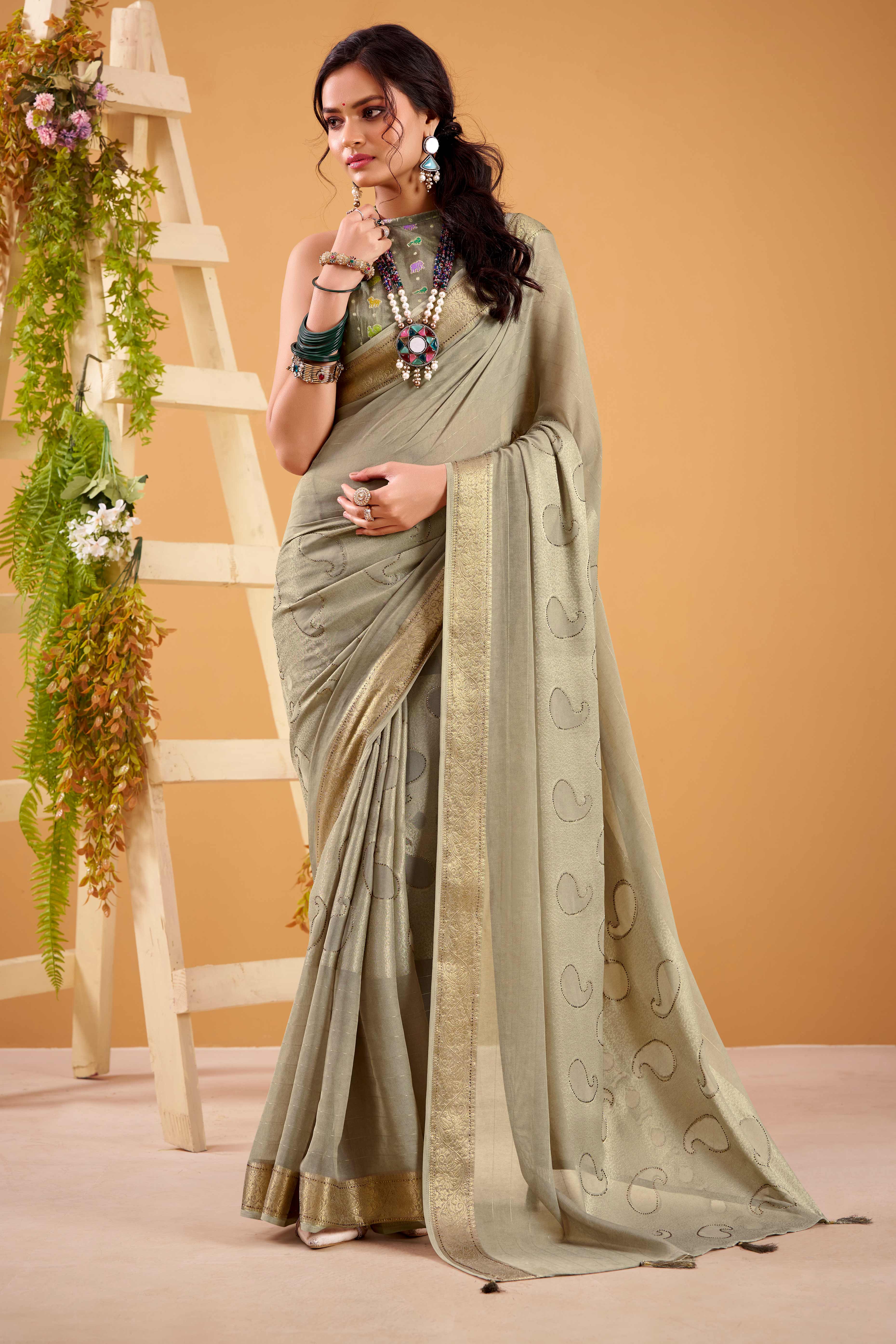 Grey Jacquard Saree Featuring Swarovski Embellishments With Rich Paisley & Floral Weave