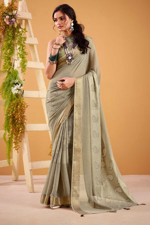 Grey Jacquard Saree Featuring Swarovski Embellishments With Rich Paisley & Floral Weave