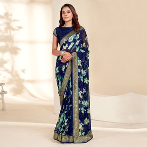 Blue Floral Printed Georgette Saree With Embroidered Border