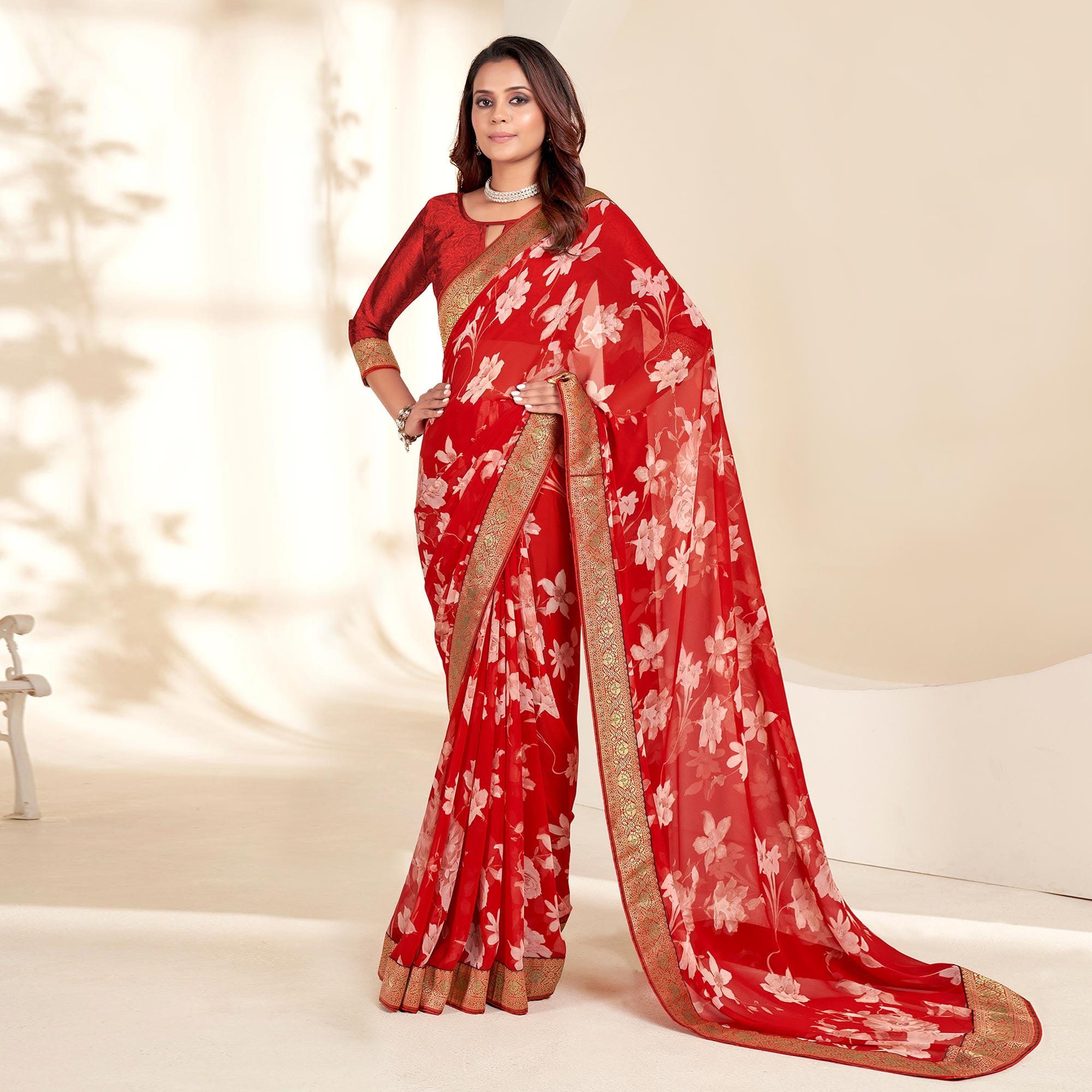 Red Floral Printed Georgette Saree With Embroidered Border