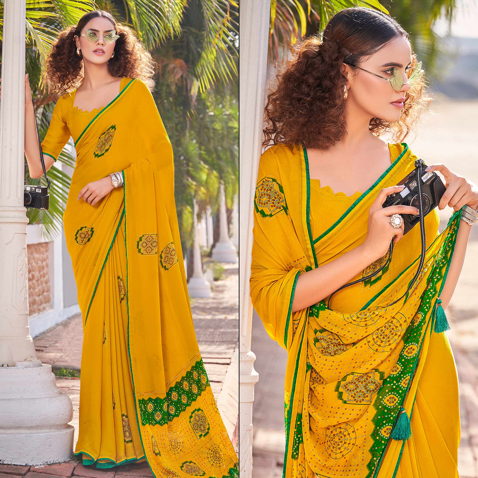 Mustard Foil Printed Georgette Saree With Tassels