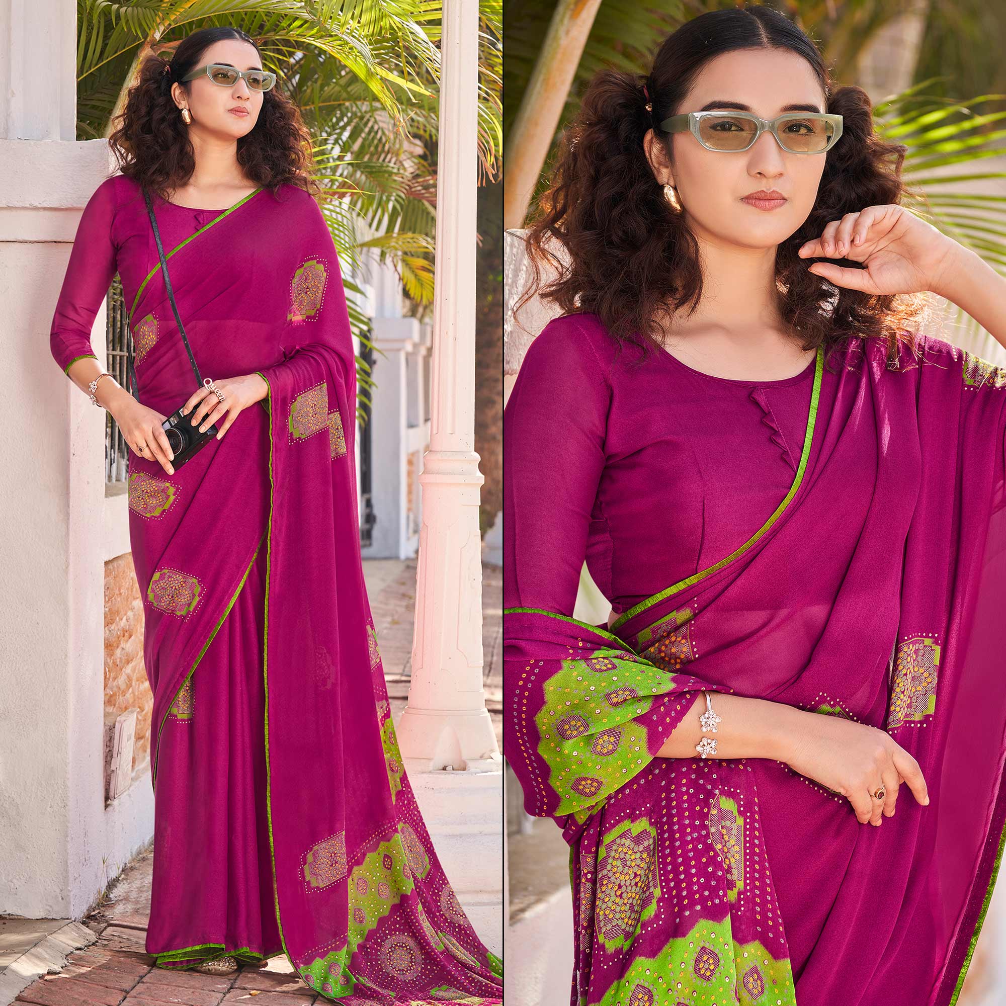 Purple Foil Printed Georgette Saree With Tassels