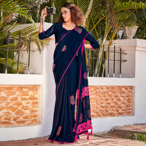 Blue Foil Printed Georgette Saree With Tassels