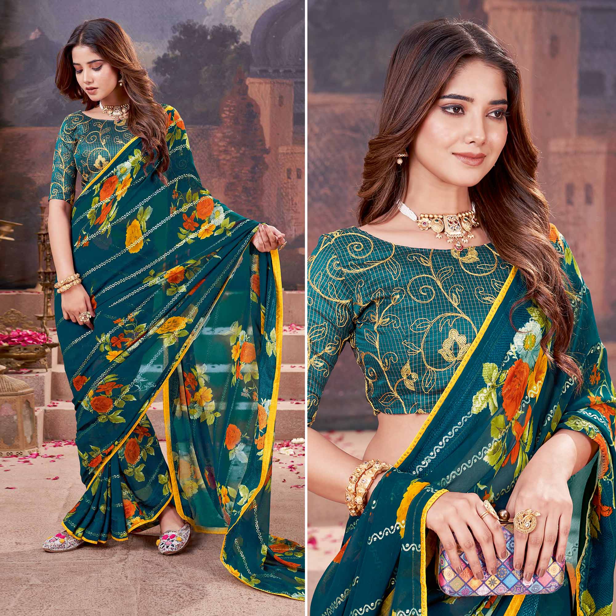 Teal Floral Foil Printed Georgette Saree