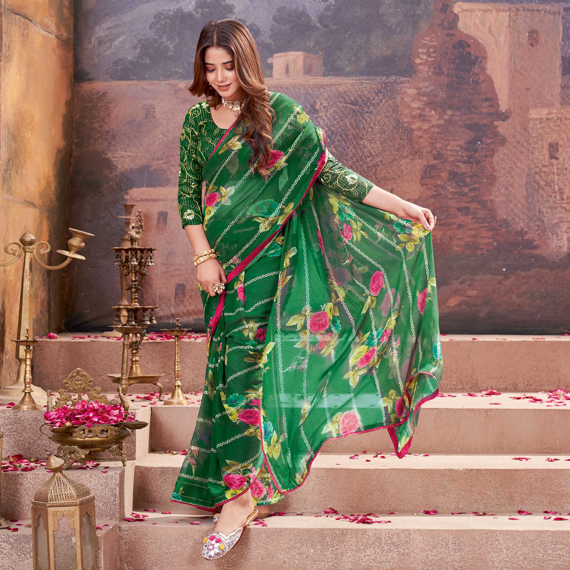 Green Floral Foil Printed Georgette Saree