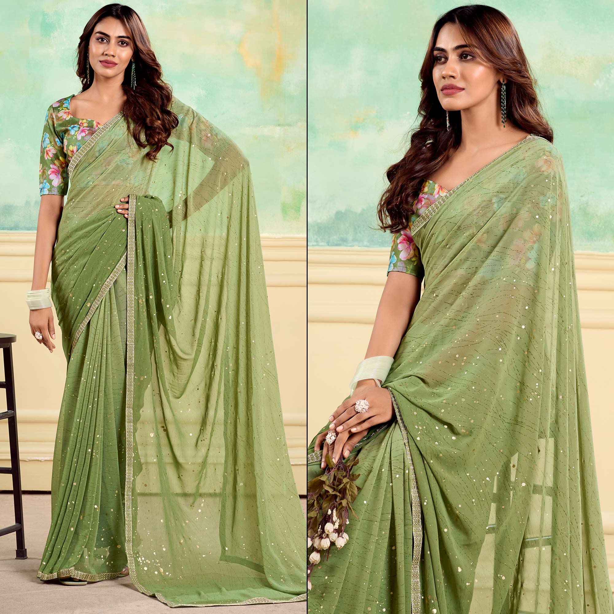 Green Foil Printed With Sequins Georgette Saree